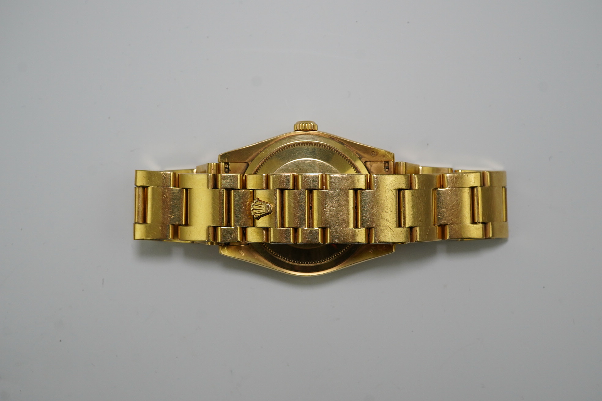 A gentleman's 2001 18ct gold Rolex Oyster Perpetual Day Date wrist watch, on an 18ct gold Rolex bracelet numbered 73858